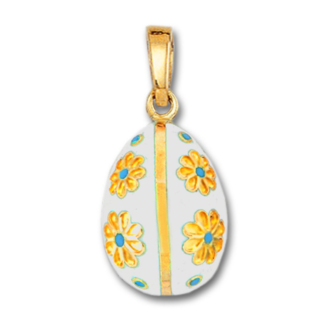 Egg Pendant with Flowers 14K Solid Gold and Enamel A/S White